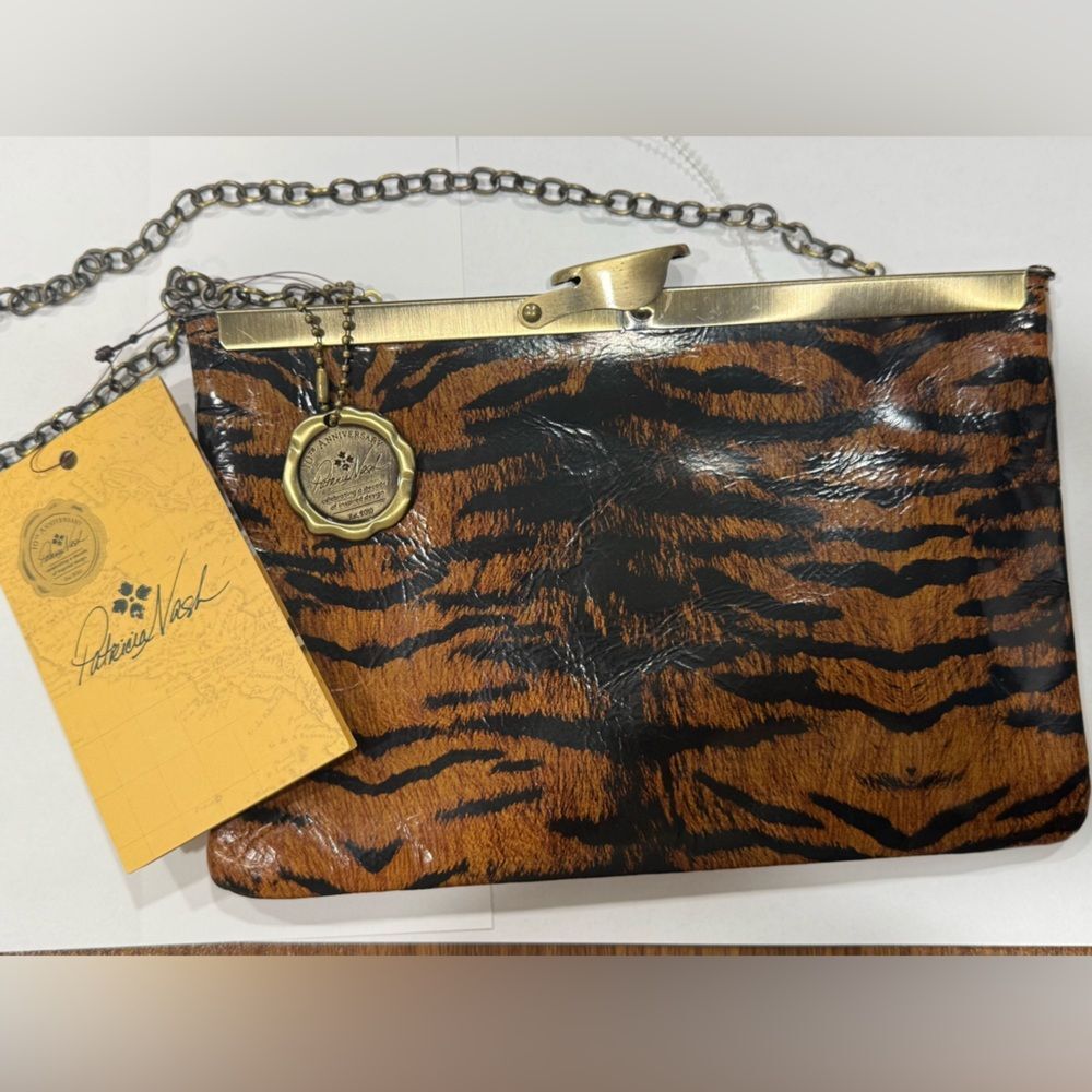NWT Patricia Nash Asher Frame Clutch Leather Tiger Print Crossbody